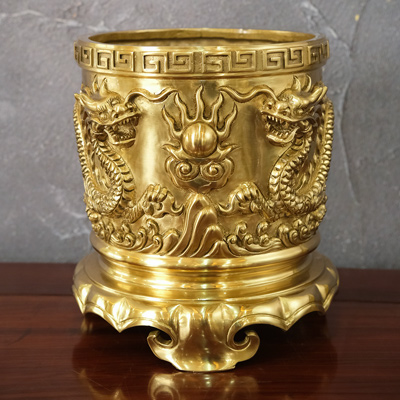Bát Hương Đồng Vàng Catut Đúc Rồng Chầu Nguyệt ĐK 23Cm