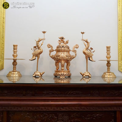 Bộ Ngũ Sự Đỉnh Rồng Nổi Bằng Đồng Đỏ 60cm Màu Mộc