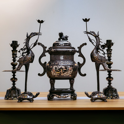 Bộ Lư Đỉnh Thờ Vuông Ngũ Sự Bằng Đồng Khảm Tam Khí Cao 60Cm