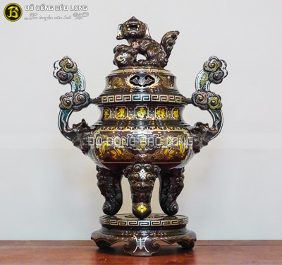 Bộ Lư đồng khảm ngũ sắc 5 chữ vàng cao 60cm kiểu mới