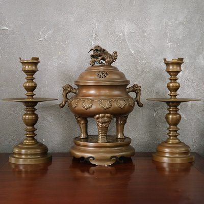 Bộ Tam Sự Đỉnh Thập Sòi Bằng Đồng Vàng Cao 46Cm Màu Nâu Trầm