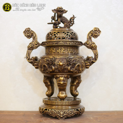 Đỉnh Thờ Bằng Đồng Vàng Đúc Nổi 3D Màu Hun Trầm Cổ 50cm