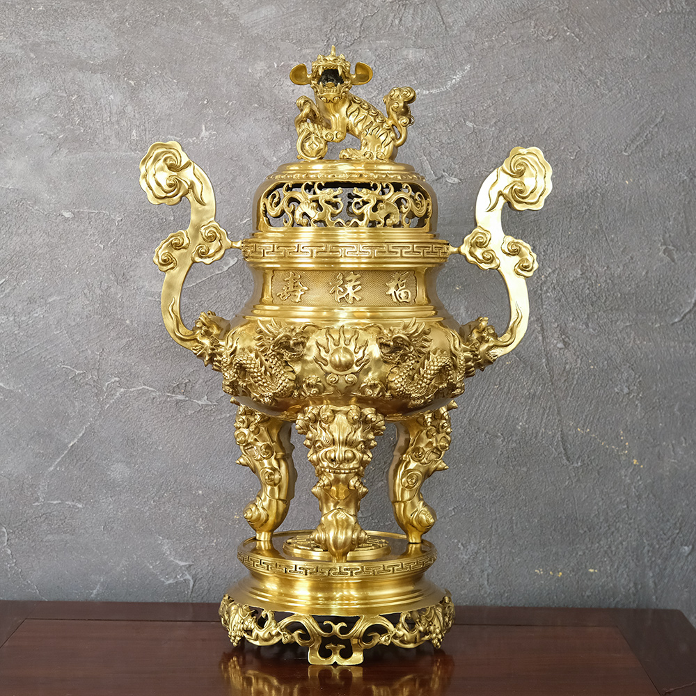 Đỉnh Rồng Phượng Chầu Nguyệt Đồng Vàng Catut Cao 70Cm