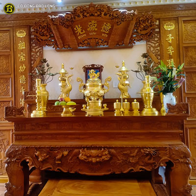 Bộ Đồ Thờ Đỉnh Rồng Nổi Đúc Đồng Đỏ Dát Vàng 9999
