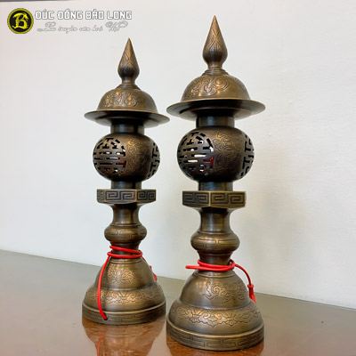Đèn Thờ Bằng Đồng Đỏ Màu Trầm Cổ Cao 57cm