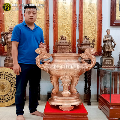 Lư hương Dơi Thọ cắm nhang bằng đồng đỏ cao 81cm 