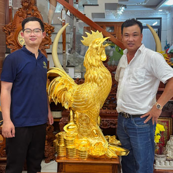 Gà Trống Phong Thủy Bằng Đồng Đỏ Dát Vàng 24K Cao 1m1
