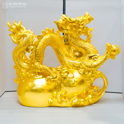 Tượng Rồng Cầm Ngọc Cưỡi Hồ Lô Bằng Đồng Dát Vàng 9999 Cao 42Cm