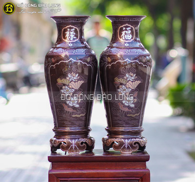 Đôi Lọ Hoa bằng đồng khảm Tam khí Hoa sen cao 40cm