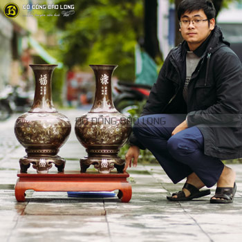 Đôi Lọ Hoa Củ Tỏi bằng đồng khảm tam khí 60cm