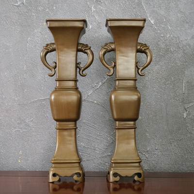 Đôi Lọ Hoa Vuông Mẫu Cổ Bằng Đồng Vàng Màu Nâu Trầm Cổ Cao 42Cm