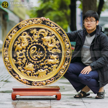 Mâm Đồng Tứ Linh CHữ Phúc Mạ Vàng 24k 90cm