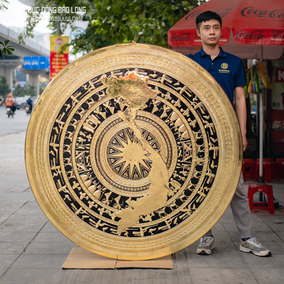 Mặt Trống Đồng Vàng Gò Chạm Bản Đồ Việt Nam 34 Tỉnh Thành Mới ĐK 1m5