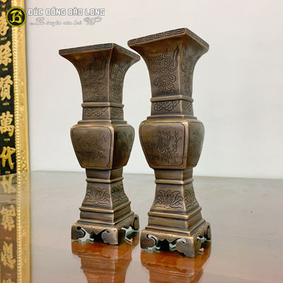 Ống Hương Vuông Chạm Hoa Văn Đồng Đỏ Cao 30cm