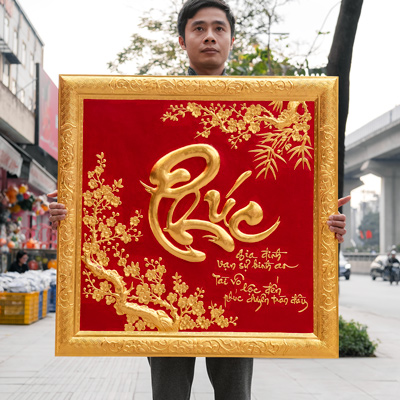 Tranh Đồng Chữ Phúc Dát Vàng 24K Khung Đồng Khổ Vuông 86Cm