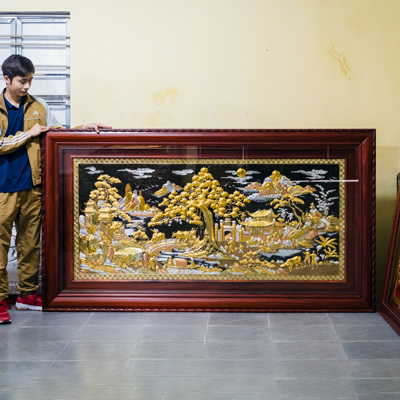 Tranh Đồng Quê Bằng Đồng Đỏ Dát Điểm Vàng Bạc Khổ 1m97 x 1m07