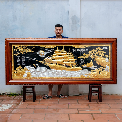 Tranh Thuận Buồm Xuôi Gió Bằng Đồng Dát Vàng Bạc 24K Khổ 2m4 x 1m