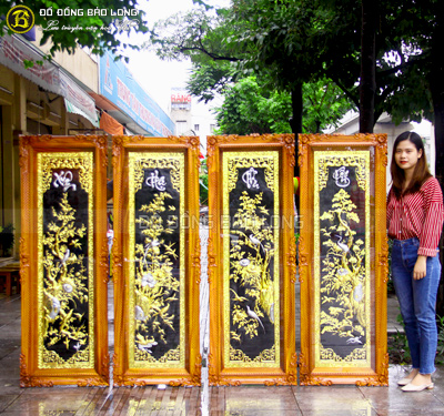 Tranh Tứ Quý mạ vàng dát bạc 1m55 x 55cm khung gỗ đỏ