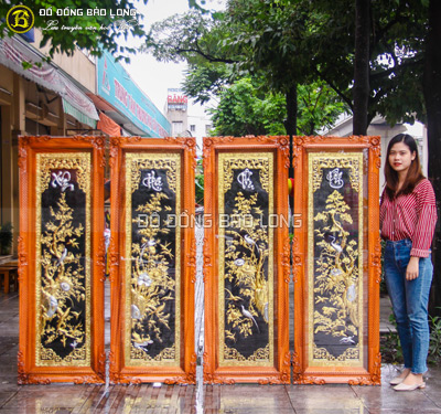 Tranh Tứ Quý mạ vàng dát bạc 1m55 x 55cm khung gỗ đỏ
