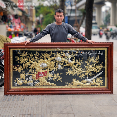 Tranh Đồng Vinh Hoa Phú Quý Dát Bạc Kích Thước 2m11 x 1m01 Khung Gỗ Đỏ