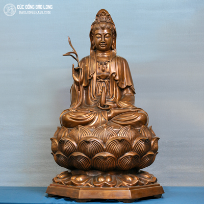 Tượng Bồ Tát Quan Thế Âm Bằng Đồng Đỏ Màu Trầm Cổ Cao 81Cm