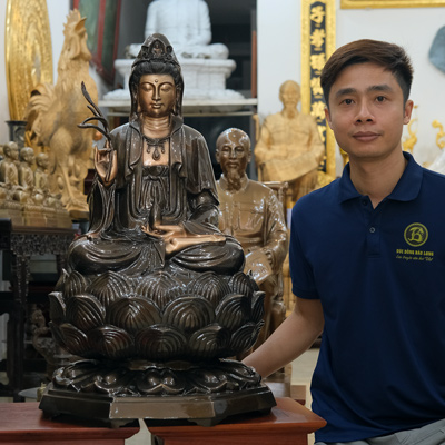 Tượng Đồng Quan Âm Bồ Tát Ngồi Đài Sen Màu Trầm Cổ Cao 81Cm