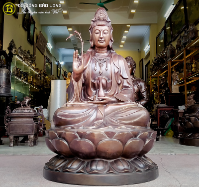 Tượng Phật Bà Quan Âm bằng đồng màu giả cổ cao 89cm