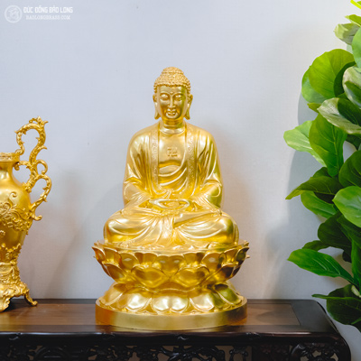 Tượng Phật A Di Đà Ngồi Đài Sen Bằng Đồng Đỏ Dát Vàng 9999 Cao 69Cm
