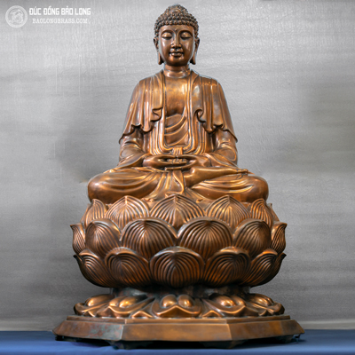 Tượng Phật A Di Đà Bằng Đồng Đỏ Màu Trầm Cổ Cao 81Cm