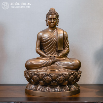 Tượng Phật Thích Ca Ngồi Đài Sen Bằng Đồng Đỏ Màu Trầm Cổ Cao 40Cm