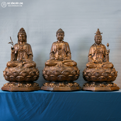 Bộ Tượng Tam Thánh Bằng Đồng Đỏ Màu Trầm Cổ Cao 81Cm