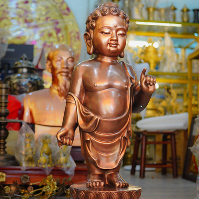 Tượng Phật Thích Ca Đản Sinh Bằng Đồng Cao 81Cm Màu Trầm Cổ
